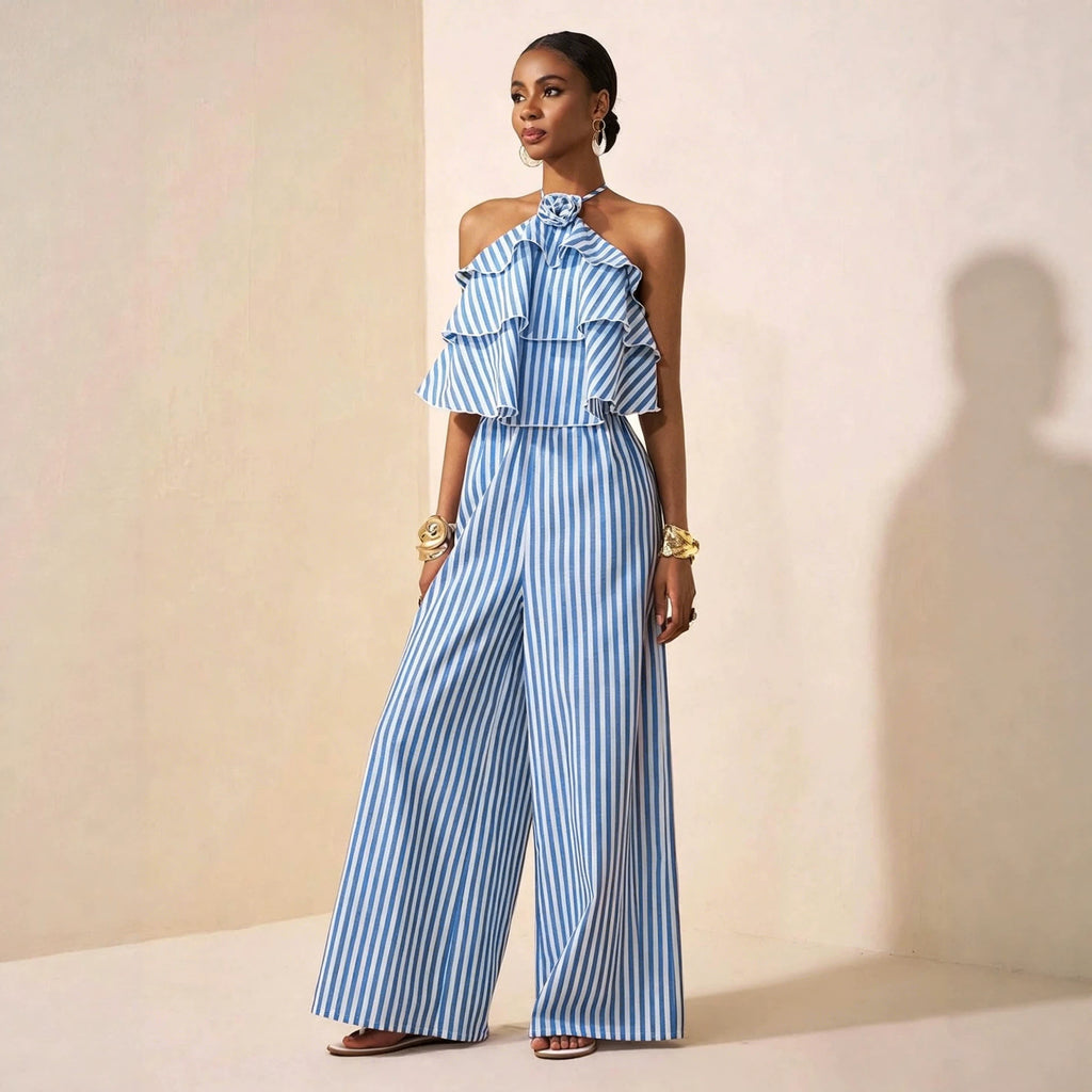 Elegant Office Lace up Halterneck Backless Striped Jumpsuit