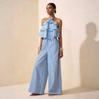Elegant Office Lace up Halterneck Backless Striped Jumpsuit
