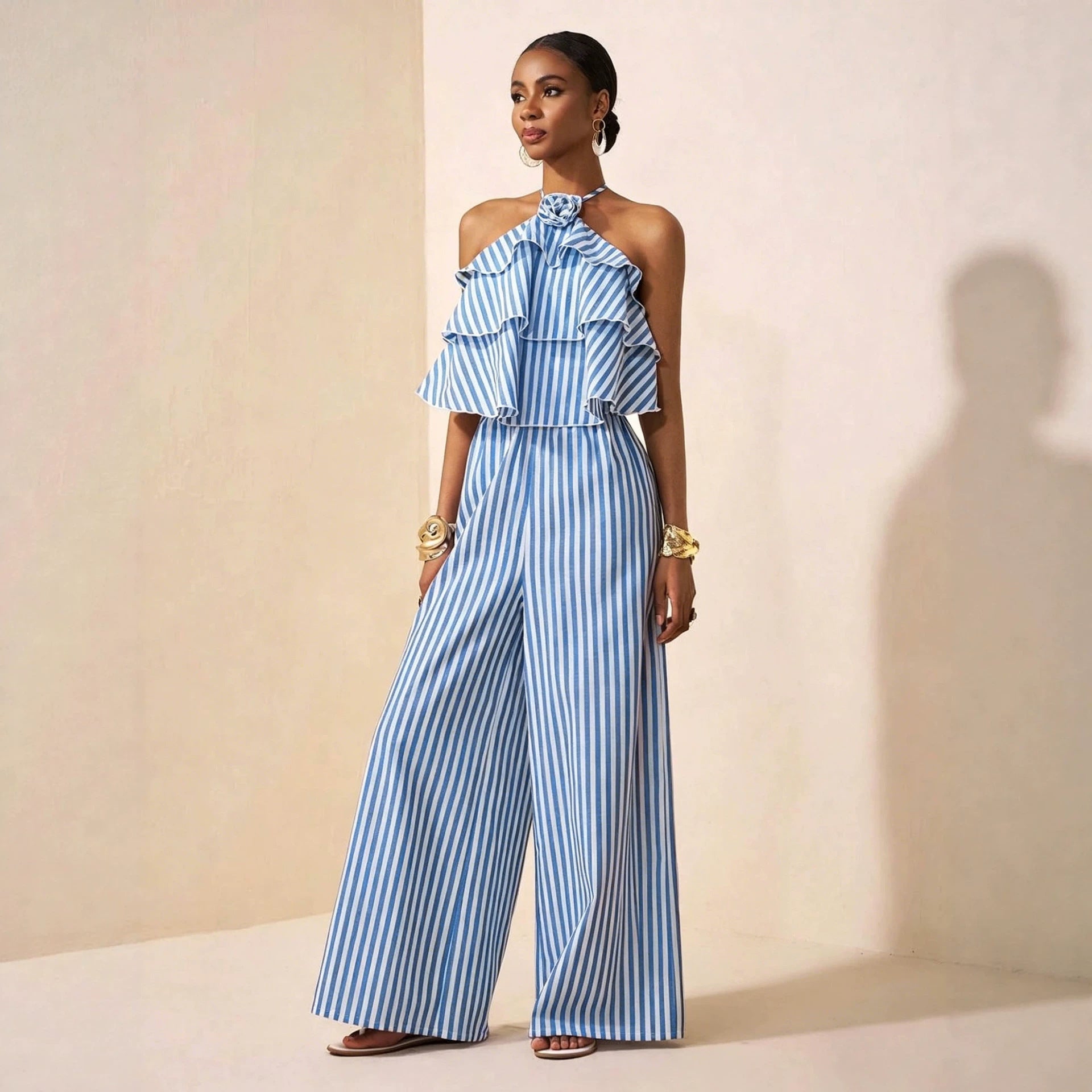 Elegant Office Lace up Halterneck Backless Striped Jumpsuit