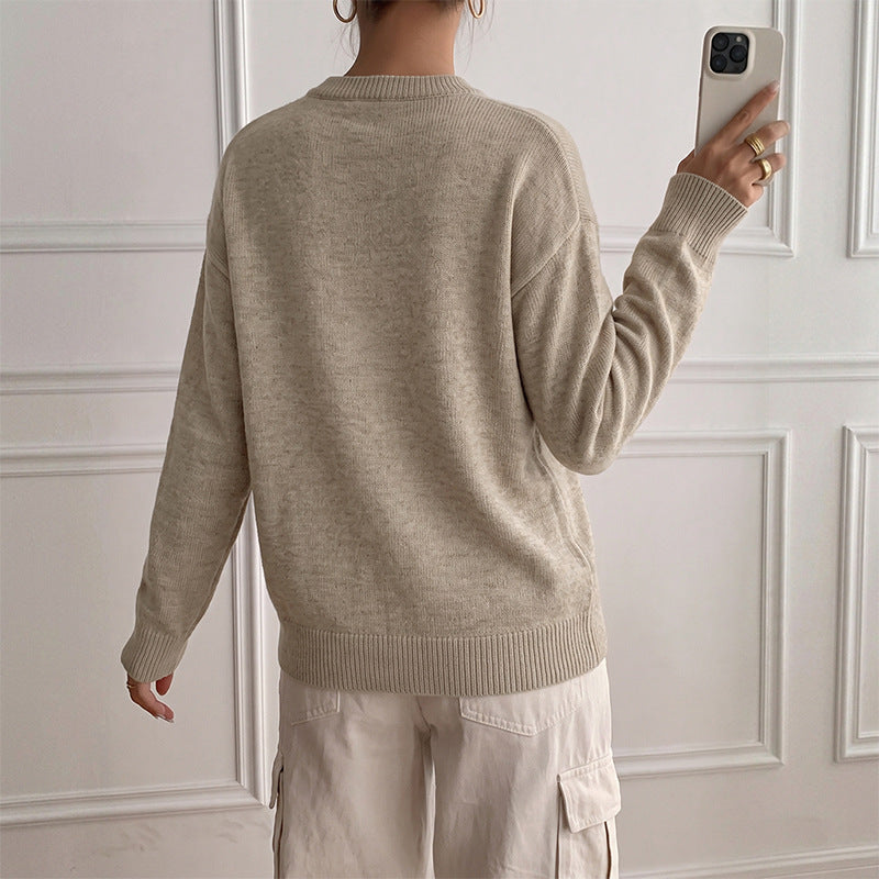 Women Faux Two Piece Half Open Button Knitted Sweater