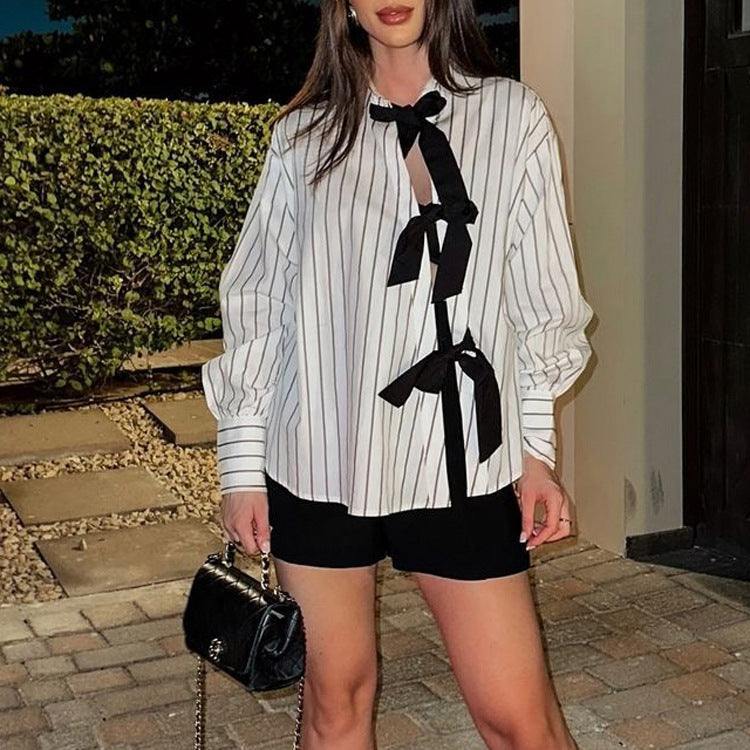 Lace Printing Striped Shirt Polo Collar Long