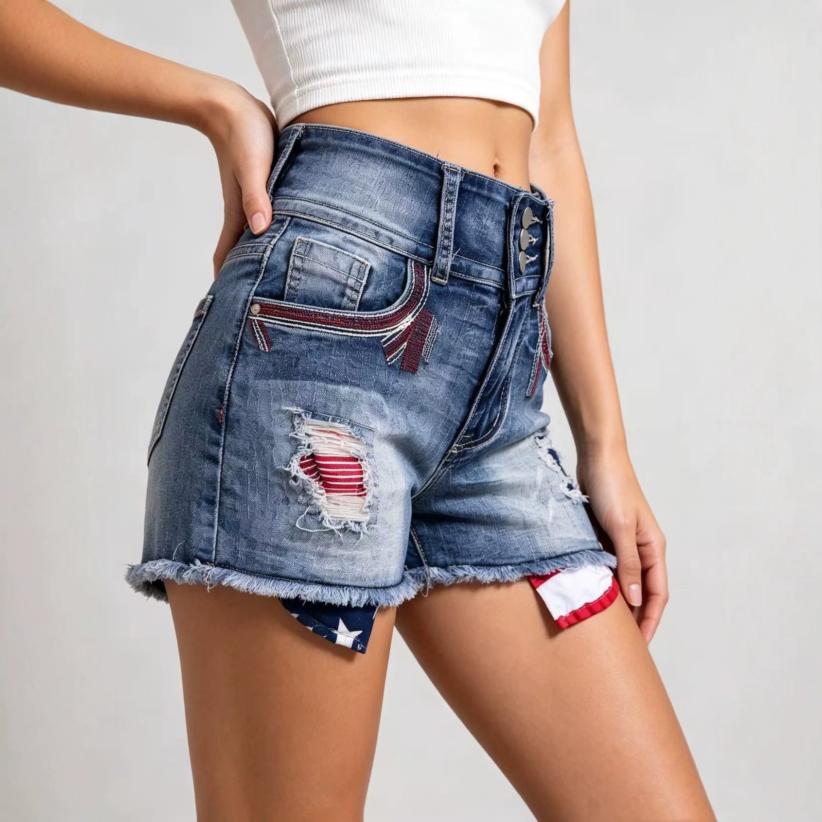 Sexy High Waist Stitching Hole Washing Women Denim Shorts