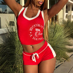 Spring Summer Casual Contrast Color Halter Backless Top High Waist Hip Lift Shorts Two Piece Sets Women