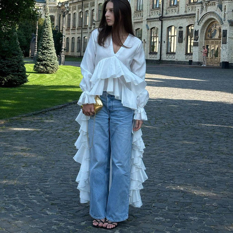 Ruffled Mopping Hem Shirt V Neck Flared Sleeves Beach White Top