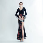 Women's Ostrich Feather Sequin Velvet Side Slit Long Sleeve Evening Dress