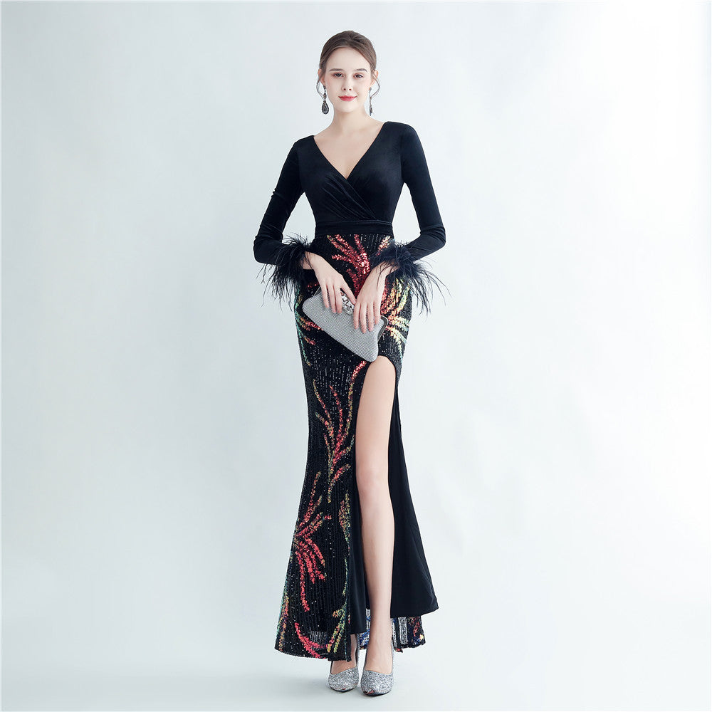 Women's Ostrich Feather Sequin Velvet Side Slit Long Sleeve Evening Dress