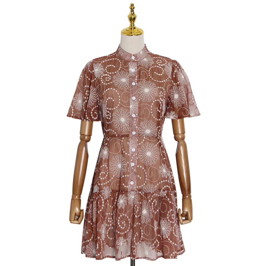 Women's Early Spring Elegant Stand Collar Short Sleeve Printed Short Dress Plus Size Tiered Dress