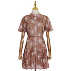 Women's Early Spring Elegant Stand Collar Short Sleeve Printed Short Dress Plus Size Tiered Dress