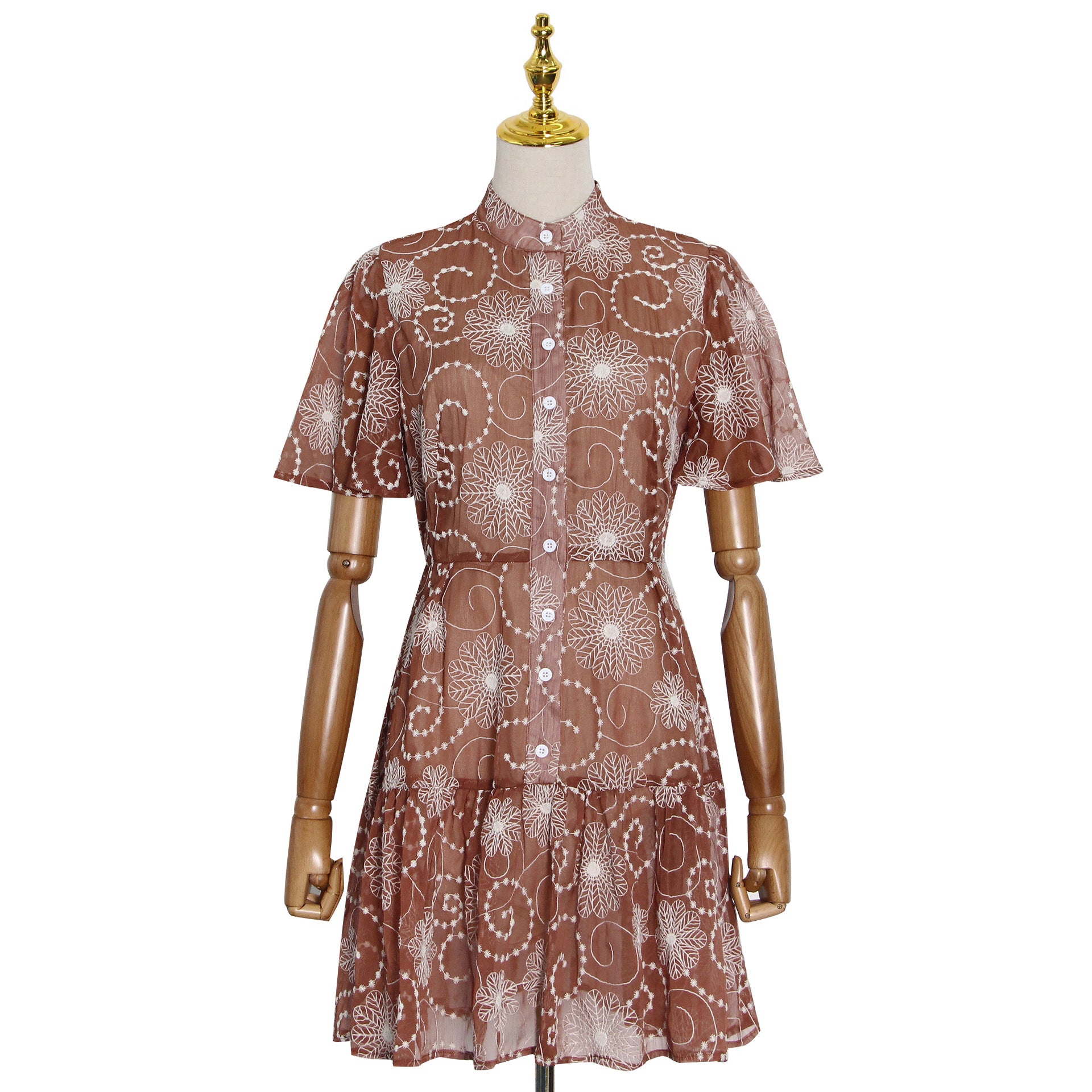 Women's Early Spring Elegant Stand Collar Short Sleeve Printed Short Dress Plus Size Tiered Dress
