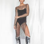 Rhinestone Beaded Mesh Long-Sleeve Split Maxi Dress
