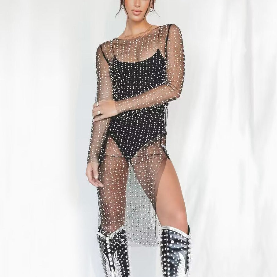 Rhinestone Beaded Mesh Long-Sleeve Split Maxi Dress