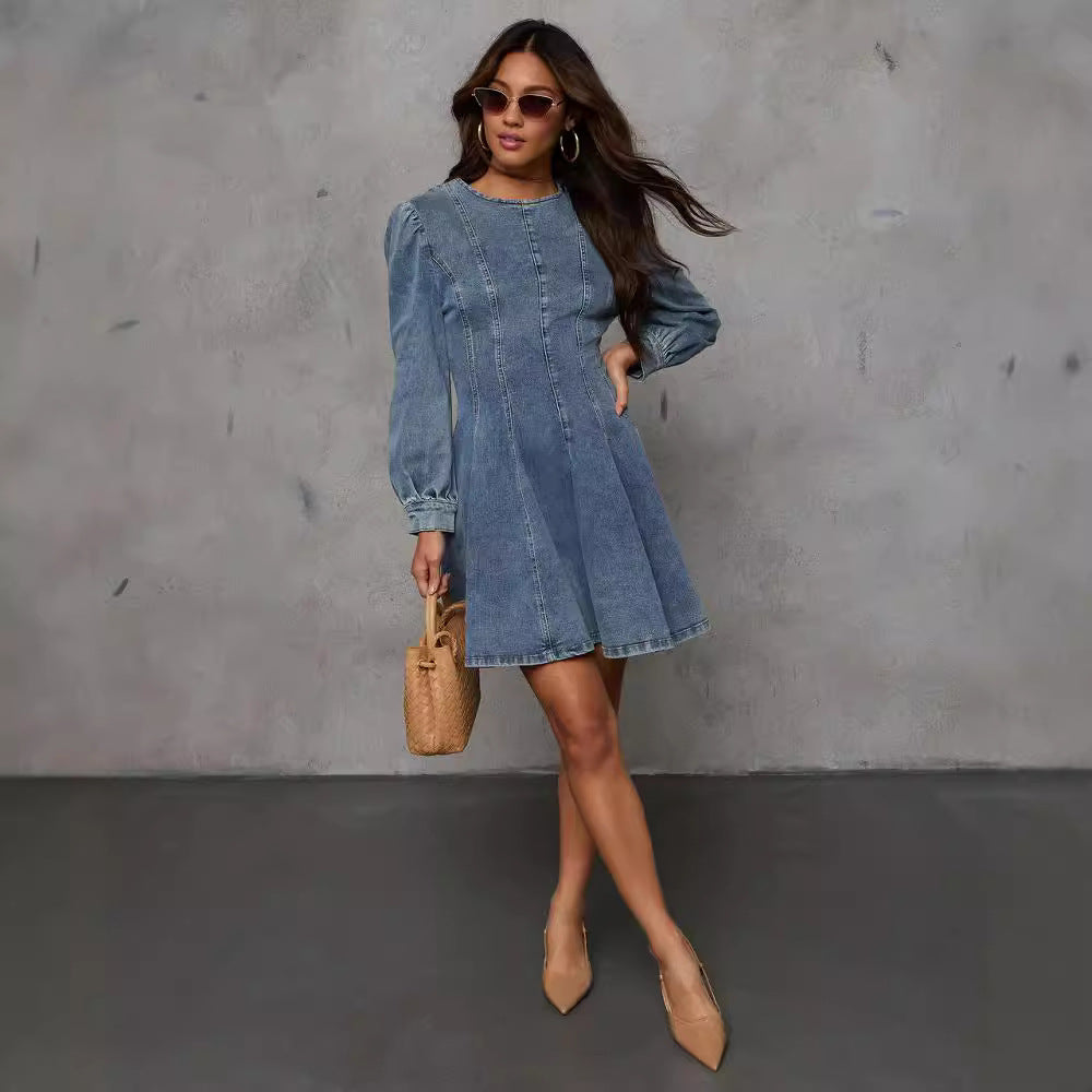 Patchwork Denim Long-Sleeve Dress
