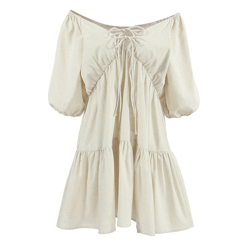 Khaki Linen V-Neck Lace-Up Dress