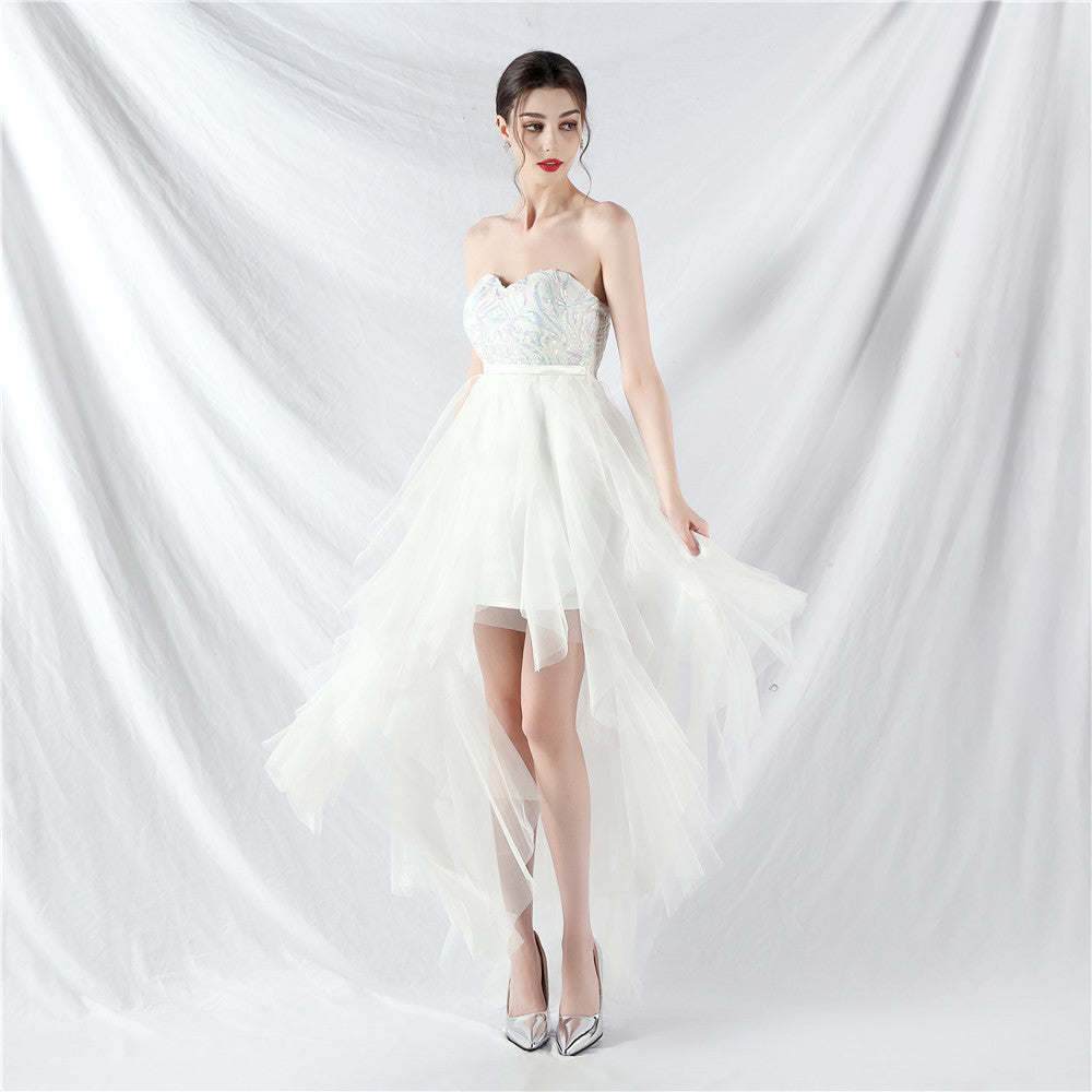 Women's Floral Sequin Stitching Mesh Strapless Dress