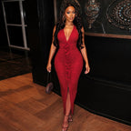 Women's V-Neck Ruffled Slit Bodycon Maxi Dress