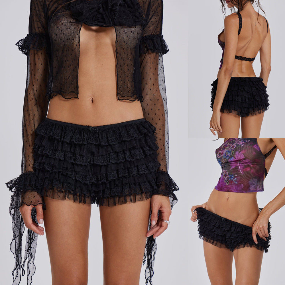 Beach Pants Ruffled Wave Solid Color Lolita Low Skirt
