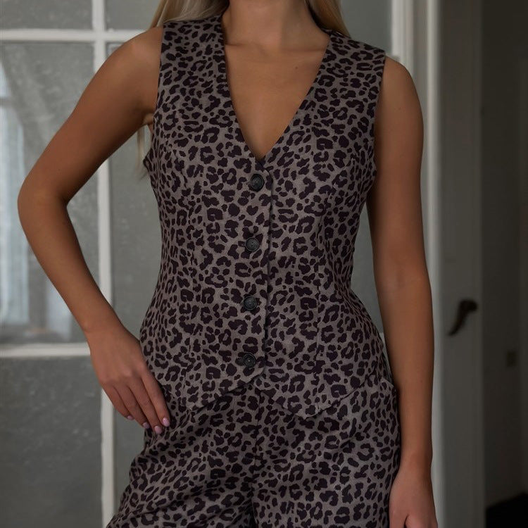 Sleeveless Waistcoat Vest High Waist Trousers Leopard Set