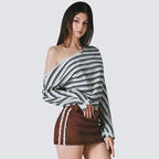 Women's Striped Lace Knit Long Sleeve Top