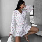 Summer Pattern Print Long Sleeved Ruffled Shorts Pure Cotton Two Piece Soft Home Wear Women
