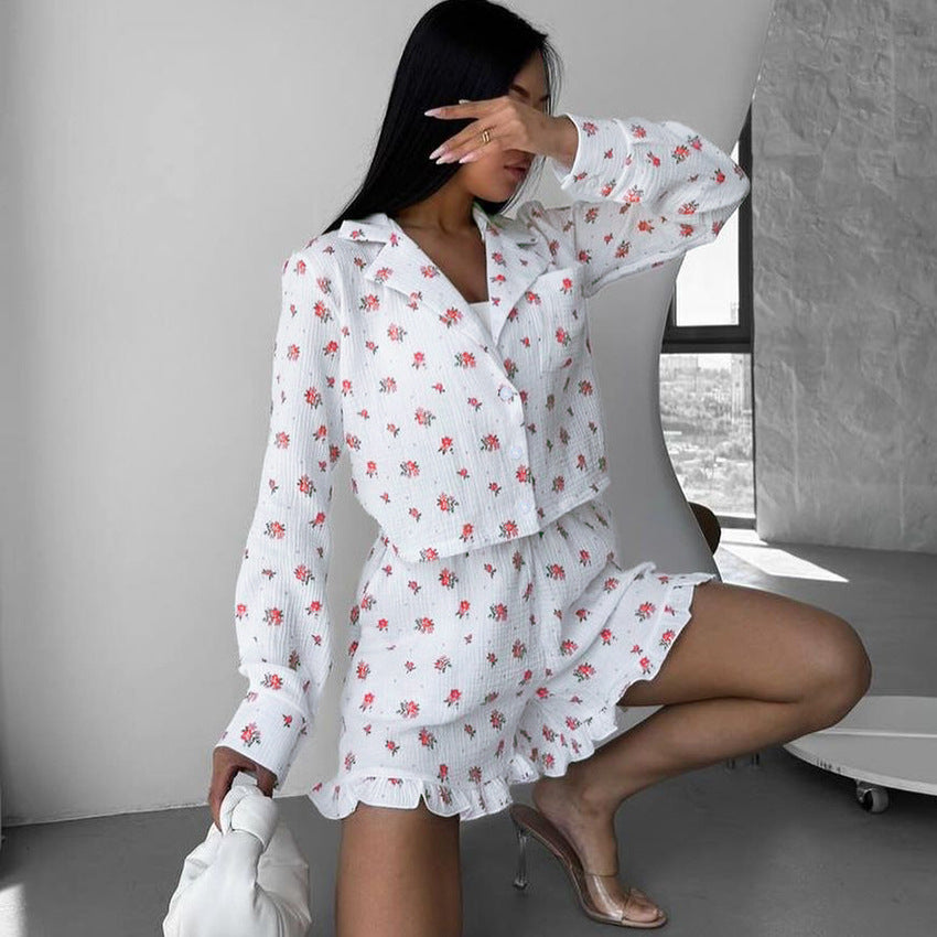 Summer Pattern Print Long Sleeved Ruffled Shorts Pure Cotton Two Piece Soft Home Wear Women