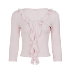 Light pink ruffle V-neck slim top with long sleeves