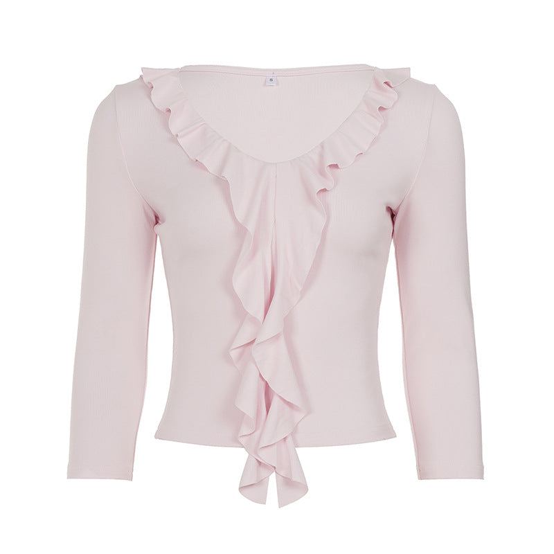 Light pink ruffle V-neck slim top with long sleeves