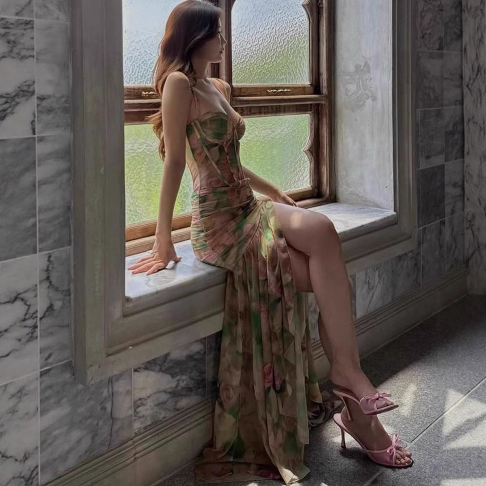 Women Clothing Summer Sexy Spaghetti Strap Floral Print Vacation Beach High Waist Slimming Slit Dress Women