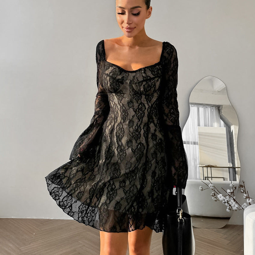 Black Lace Square-Neck Puff-Sleeve Dress