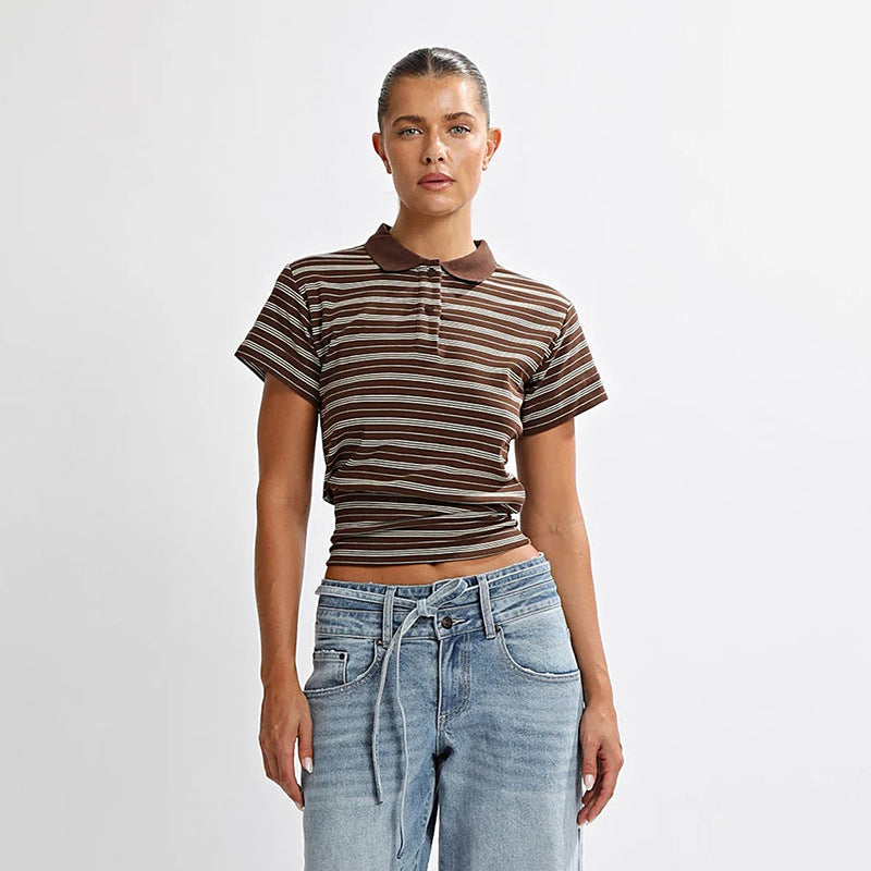 Women's Spring Summer Casual Striped Polo Collar Short Waist Tight T Shirt Top For Women
