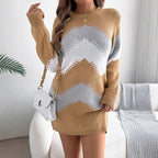 Women's Real Shot Autumn Winter Casual Color Matching Lantern Sleeve Sweater Dress Women Clothing
