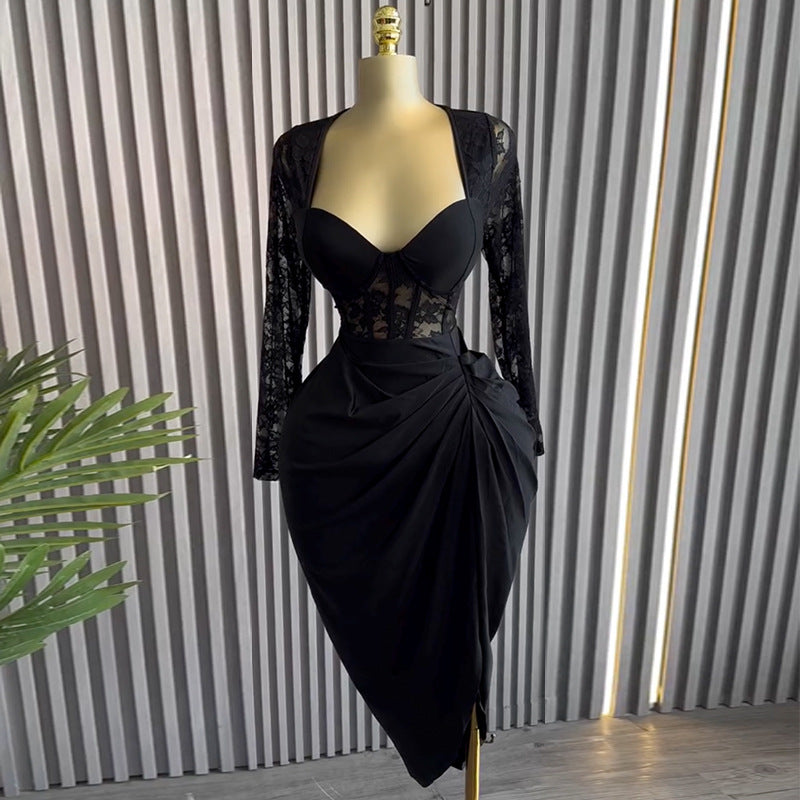 V-Neck Lace Long-Sleeve Ruched Bodycon Midi Dress