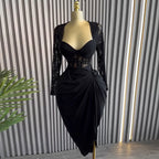 V-Neck Lace Long-Sleeve Ruched Bodycon Midi Dress