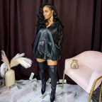 Autumn Winter Faux Leather Hoodie With Drawstrings Top