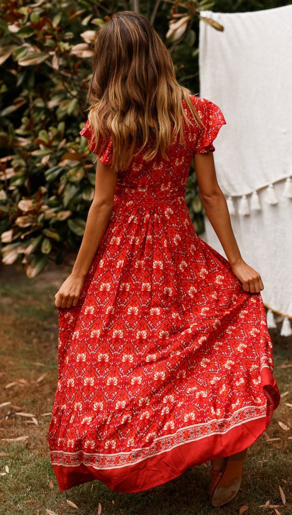 Floral V-Neck Ruffled Wrap Vacation Maxi Dress