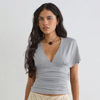 Women's Spring Summer Simple Solid Color Deep V Plunge Batwing Sleeve Waist Tight Slim Short Sleeved Tops T Shirt