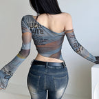 Women's Mesh Graphic Print Off-Shoulder Top