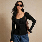 Square Collar Long Sleeve T shirt Women Lace Stitching Tied