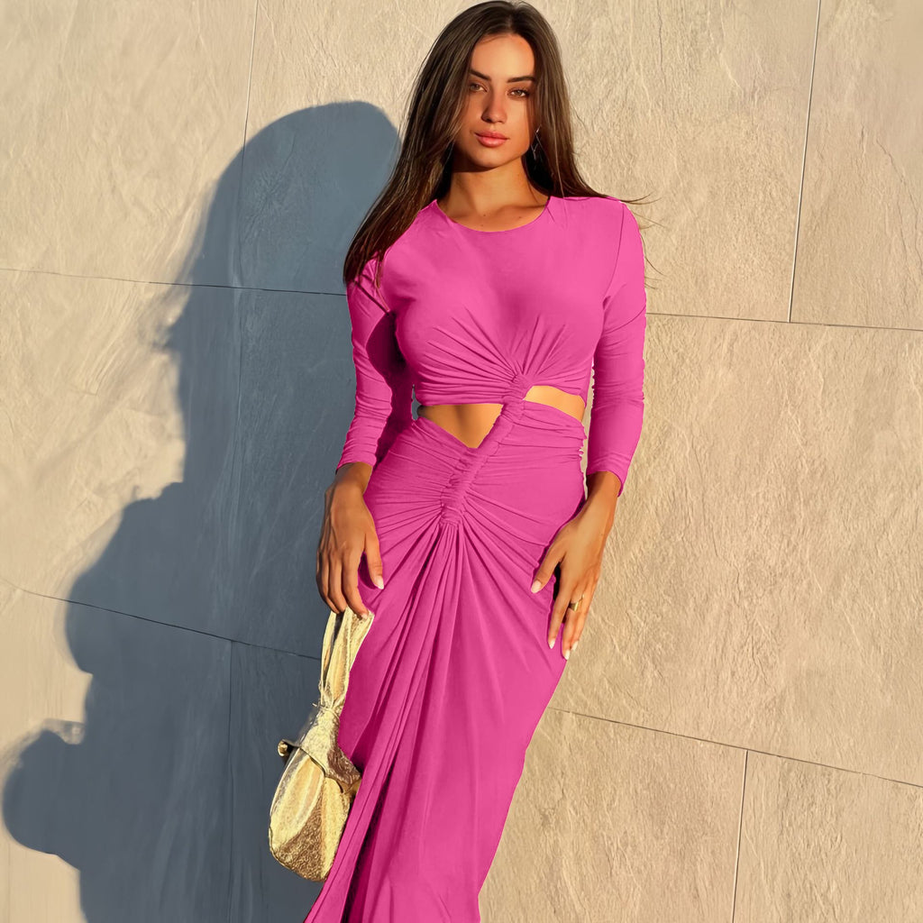 Women's Coral Red Long-Sleeve High-Slit Maxi Dress