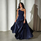 Women's Dark Blue Satin One-Shoulder Evening Dress