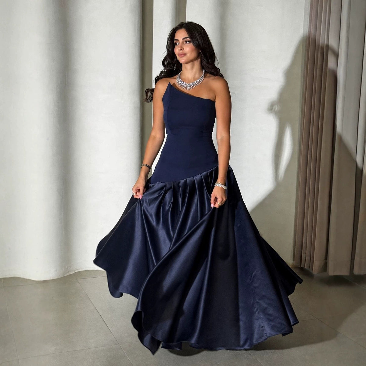 Women's Dark Blue Satin One-Shoulder Evening Dress