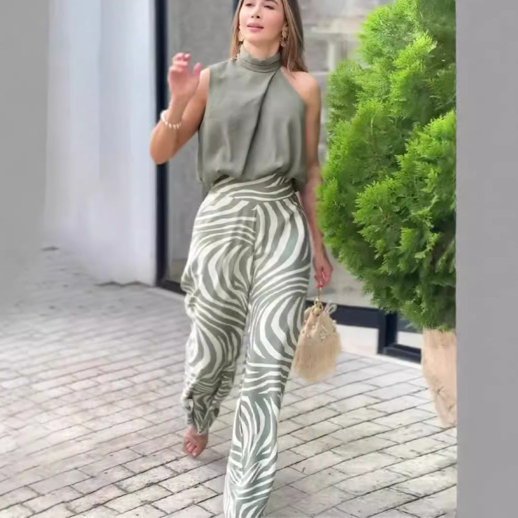 Summer Sleeveless Halter Top Zebra Print Wide Leg Pants Two Piece Set