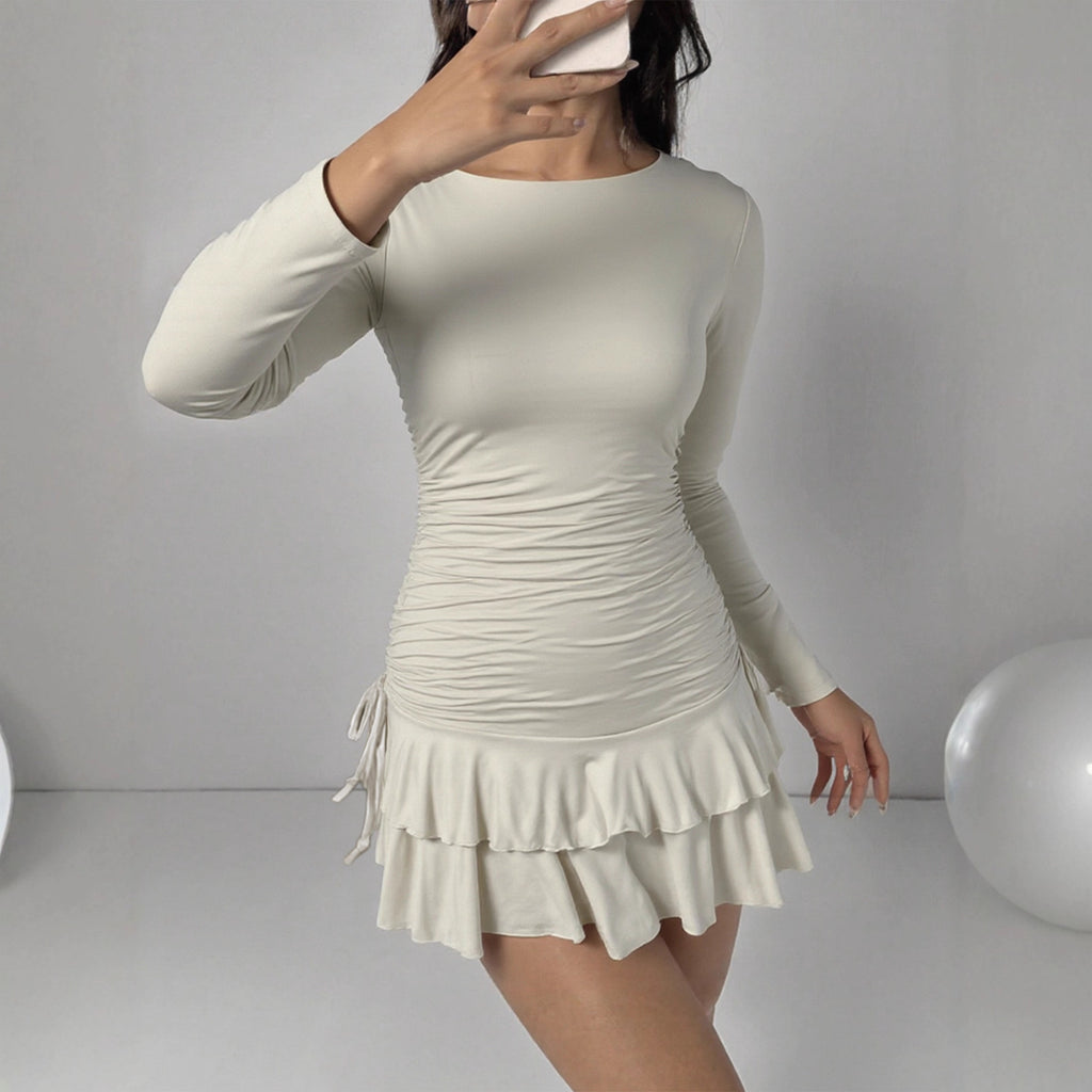 Long-Sleeve Tiered Drawstring Dress