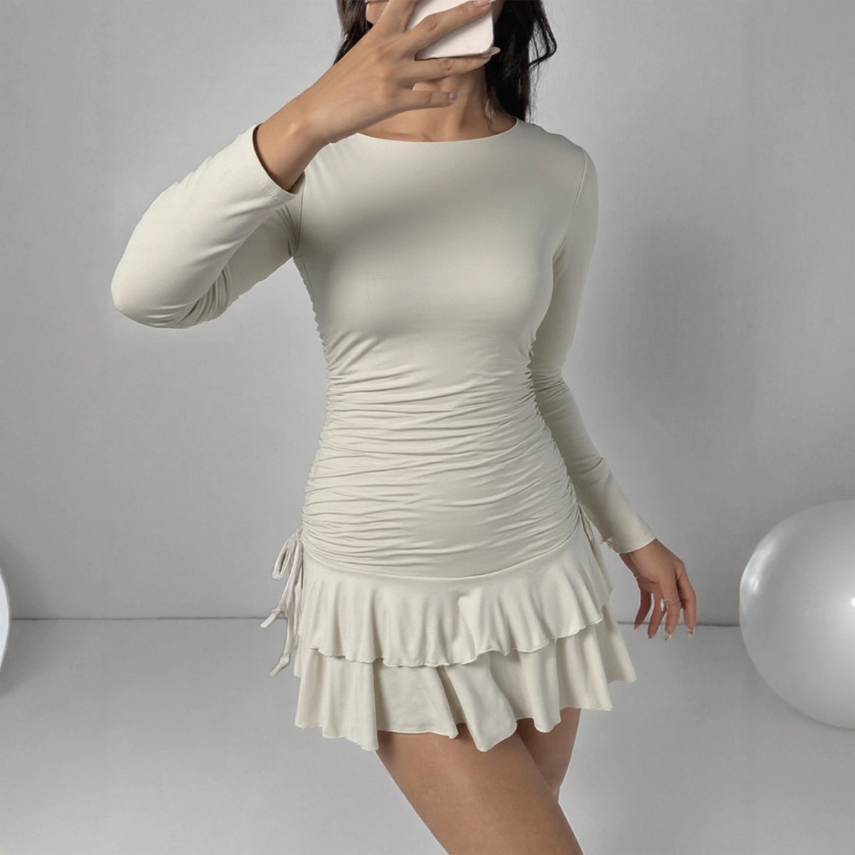 Long-Sleeve Tiered Drawstring Dress