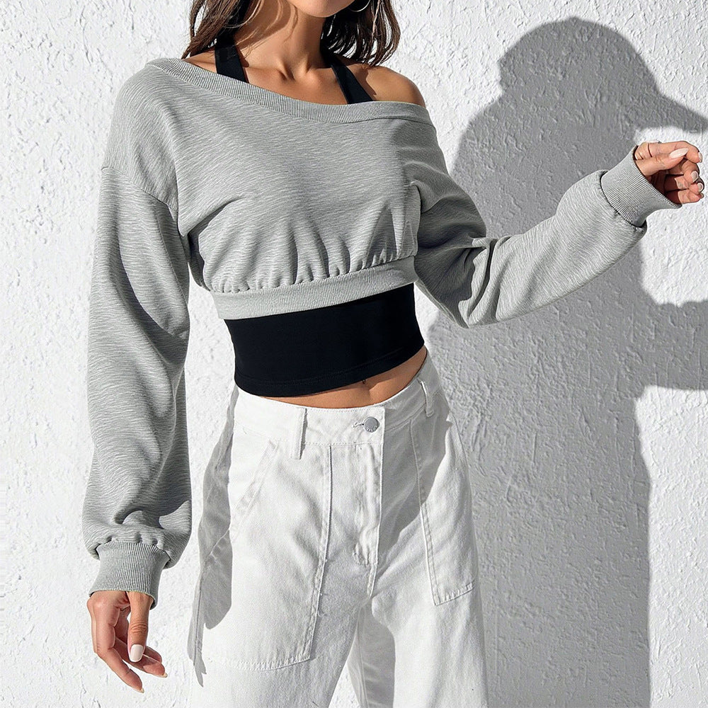 Women's Gray Cropped Long-Sleeve Sweater Top