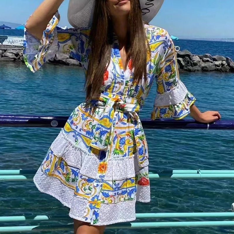 Women's French Bohemian Vacation Spring V Neck Bell Sleeve Embroidered Printed Tied Dress Women
