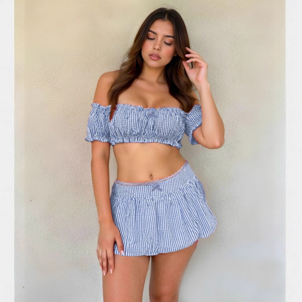 Women Clothing Summer Plaid Sexy Bow Tube Top Sexy Short
