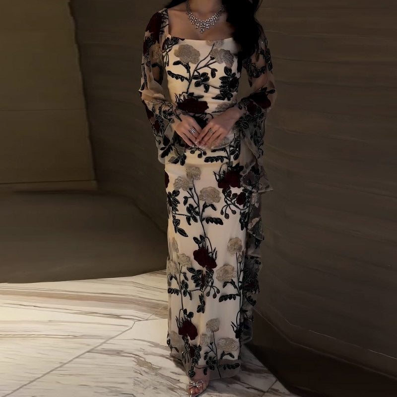Women's Summer Yarn Dyed Rose Floral Black Bottom Soft Gauze Lace Cocktail Evening Dress