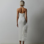 Split Strapless Side Feather Bandage Slim Elastic Party Midi Dress
