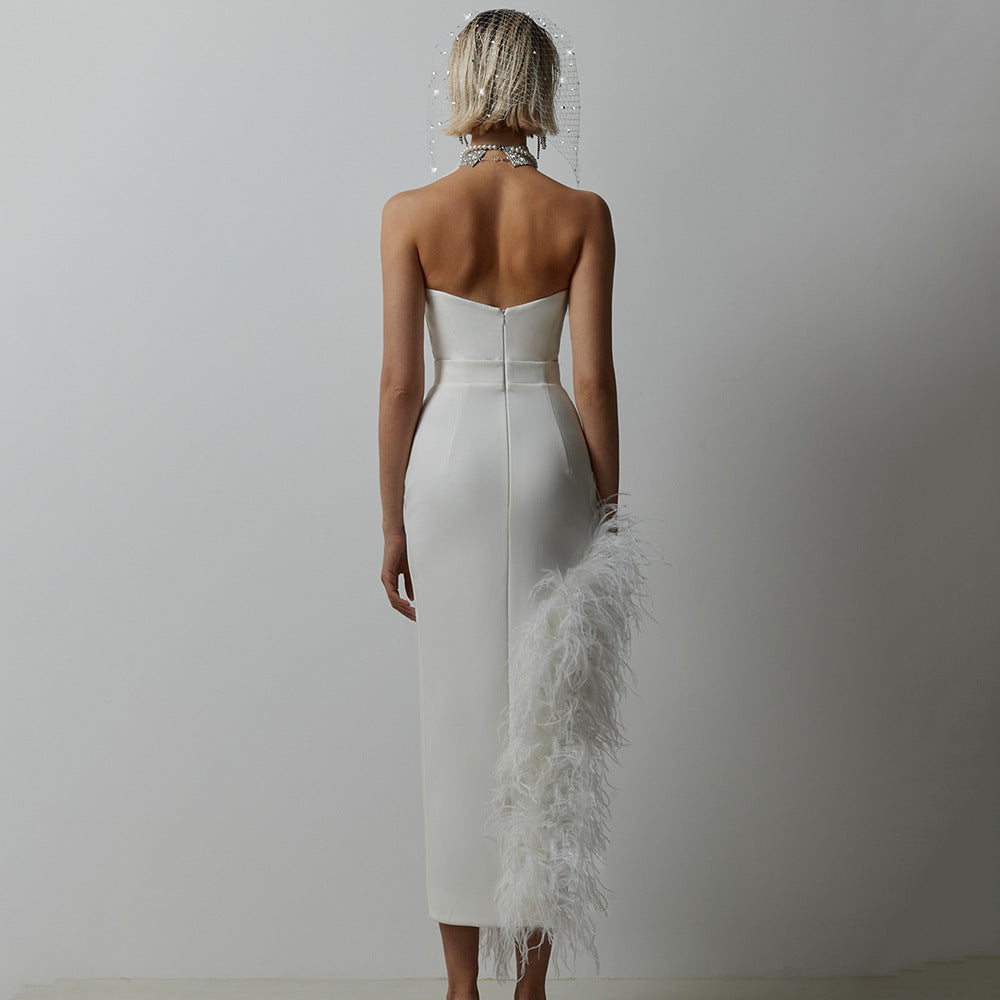 Split Strapless Side Feather Bandage Slim Elastic Party Midi Dress