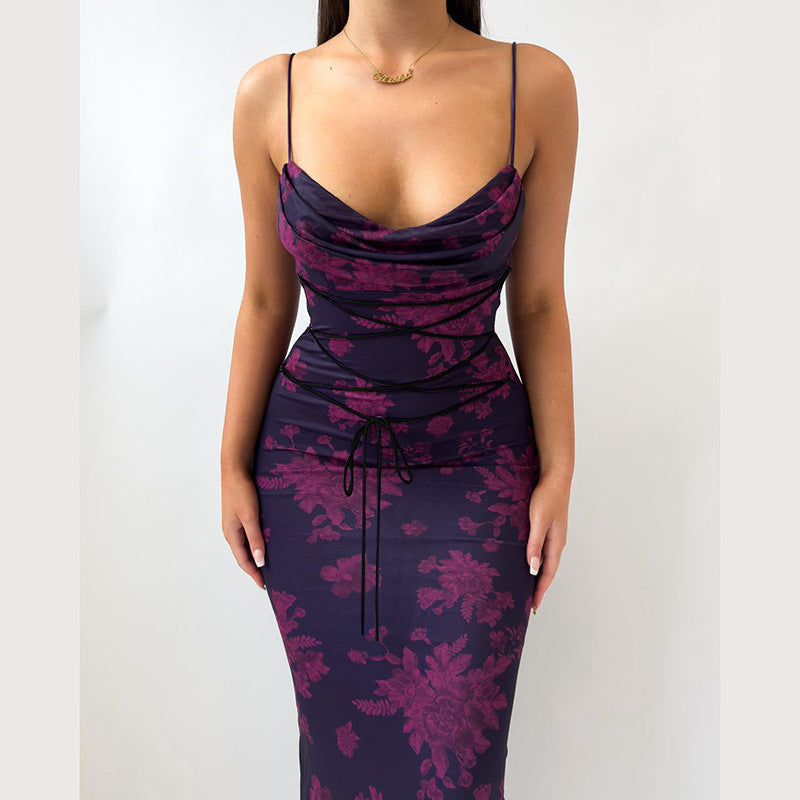 Strap Floral Fitting Print Pockets Collar Sling Dress